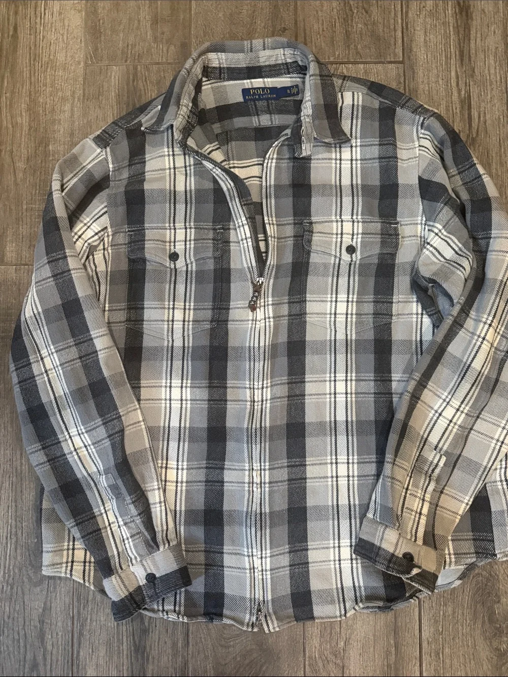 Polo by Ralph Lauren Gray and White Plaid Zip-Front Flannel Shirt